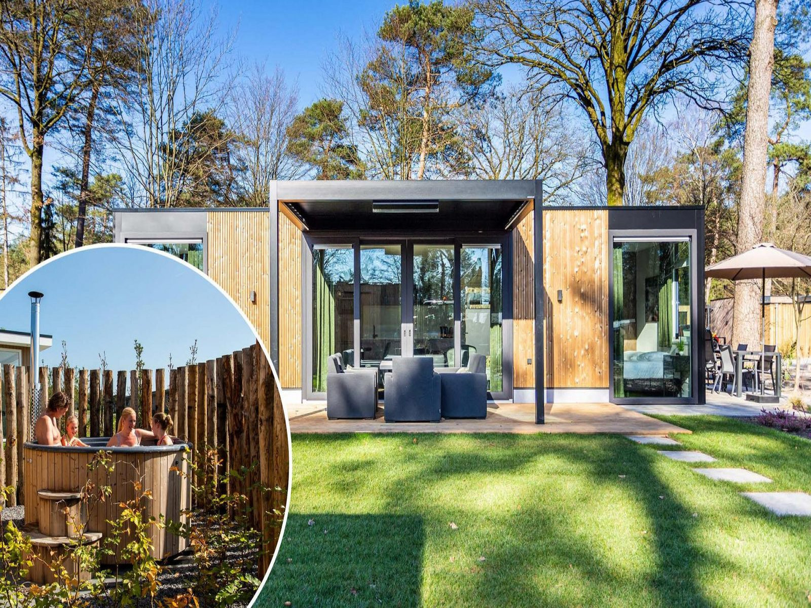 Modern 4-persoons vakantiehuis met hottub en sauna nabij Garderen op de Veluwe.